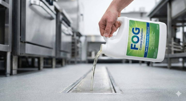Pouring eco-friendly plant-based grease trap maintainer