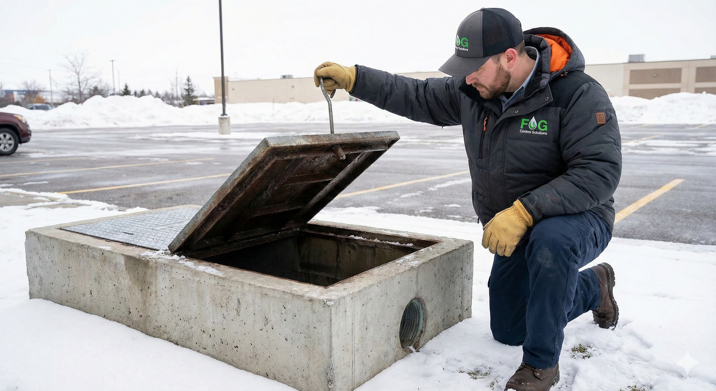 FOG Control Solutions technician inspecting grease trap in winter